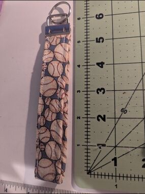 Baseball Pattern Wrist Key Fob - Blue and Cream